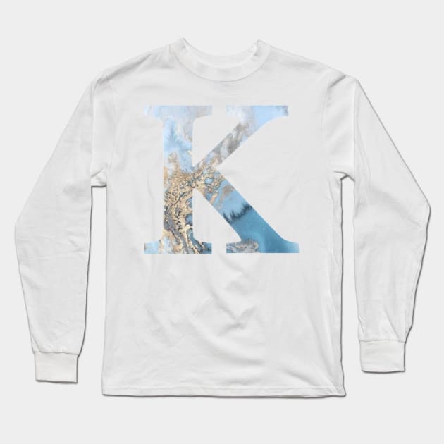 The Letter K Blue Marble Design Long Sleeve T-Shirt by Claireandrewss